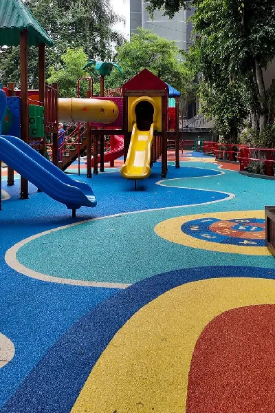 Colorful EPDM rubber flooring on a playground.