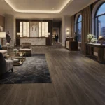 Dark espresso wood-look LVT plank flooring in an upscale hotel lobby