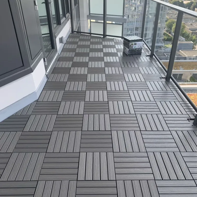Grey interlocking WPC floor tiles on balcony
