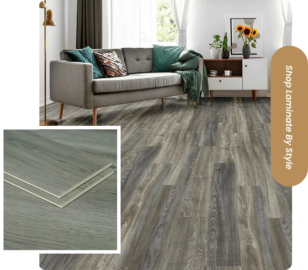 Grey laminate flooring planks collage with shop by style badge.
