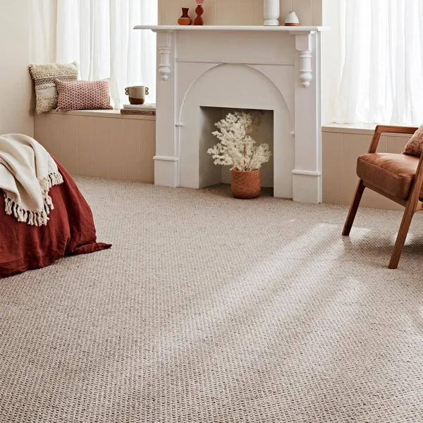 Light beige linear loop carpet in minimalist bedroom