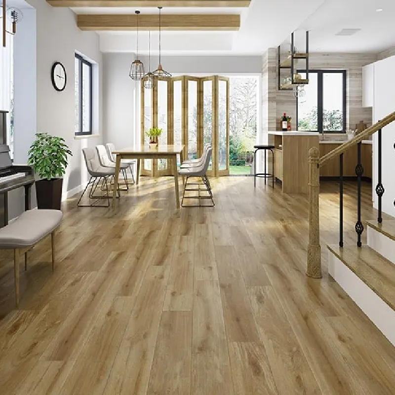 Light oak-toned SPC flooring in a bright, modern dining area.