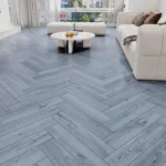 Living room with blue-grey herringbone wood floors