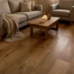 Living room with oak floors and beige sofa