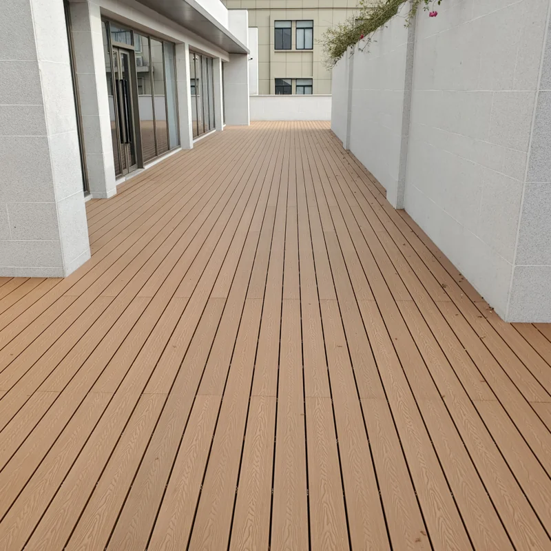 Long balcony pathway featuring tan WPC decking