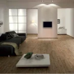 Minimalist living room with pine wood flooring.
