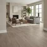 Muted taupe wood-look LVT plank flooring in a modern living room