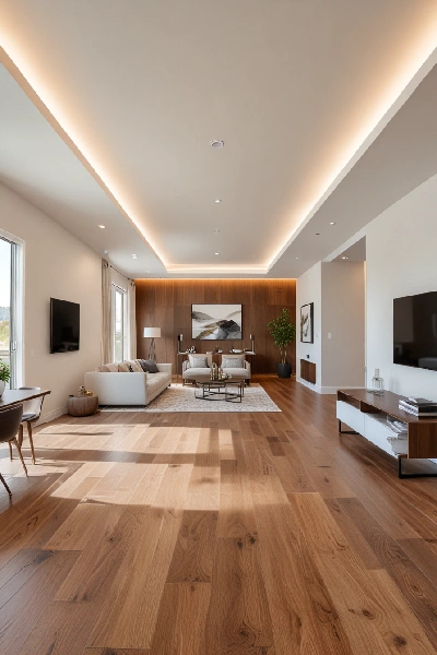 Natural grain wooden flooring with plank design.