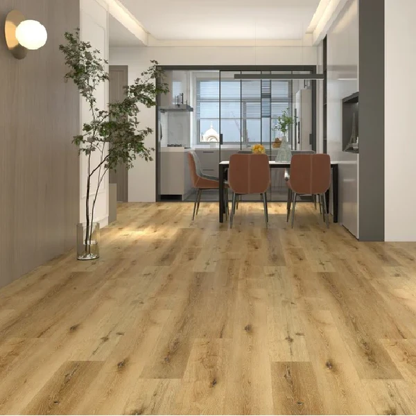 Natural oak-toned SPC flooring in a modern open-plan dining area.