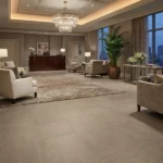 Neutral beige LVT tile flooring in an elegant hotel lobby