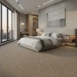 Ribbed beige wool carpet in a modern bedroom with a platform bed