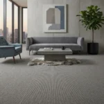 Ribbed gray carpet in a modern living room featuring a concrete accent wall