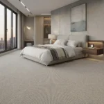 Ribbed gray wool carpet in a modern bedroom with a platform bed