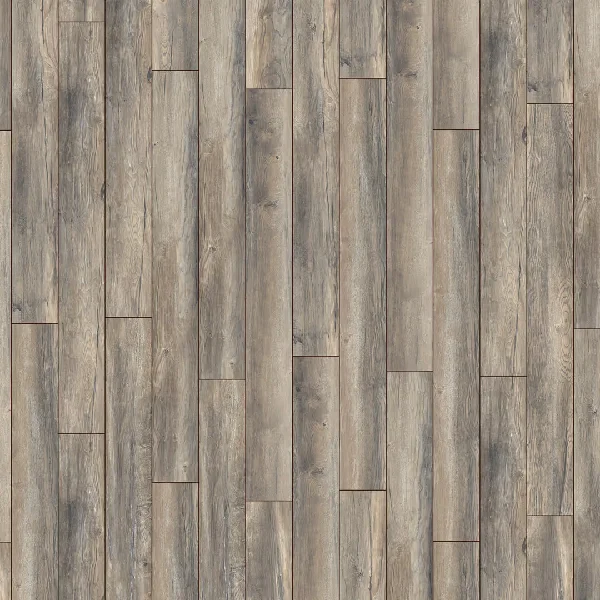 Rustic, grey-toned laminate wood flooring with a distressed appearance
