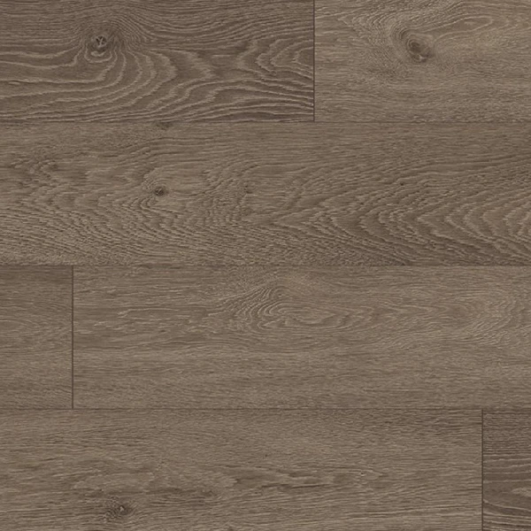 SPC flooring with a wide-plank, deep taupe-brown oak