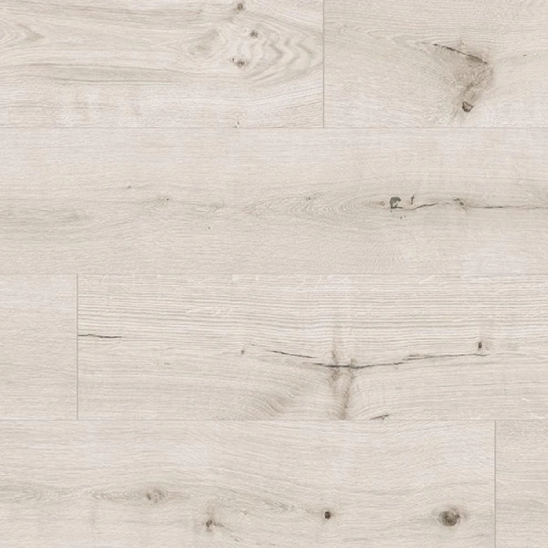 SPC flooring with a wide-plank, light beige-gray oak
