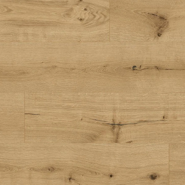 SPC flooring with a wide-plank, natural golden-blonde oak