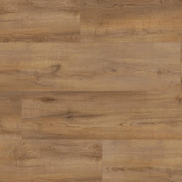 SPC flooring with a wide-plank, warm medium-brown oak
