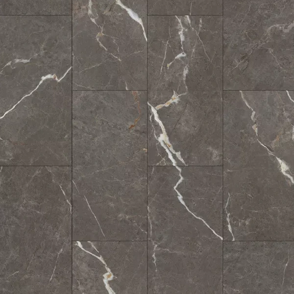 SPC tile flooring with a dark gray marble look