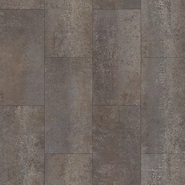 SPC tile flooring with a dark, rustic brown and gray distressed stone pattern