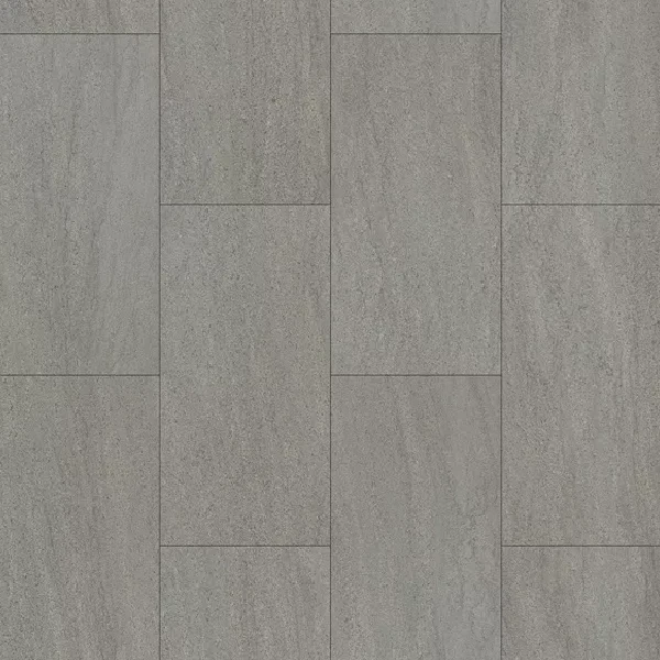 SPC tile flooring with a textured, light-to-medium gray stone pattern
