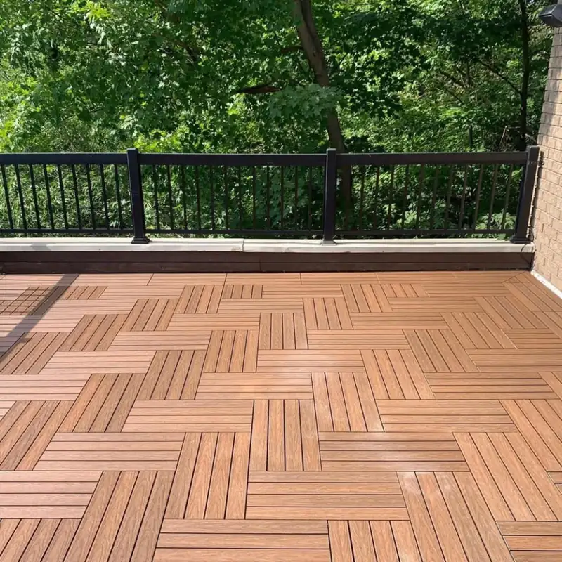 Teak WPC interlocking deck tiles on balcony