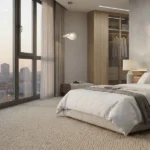 Textured beige wool carpet in a modern bedroom