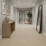 Textured beige wool carpet in a modern entryway hallway featuring a console table