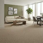 Textured beige wool carpet in a modern living and dining room