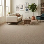 Textured beige wool carpet in a modern living room with a cream sofa and wooden coffee table.