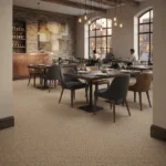 Textured beige wool carpet in a stylish restaurant dining room