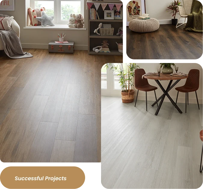 Wood-look LVT flooring in diverse room settings, successful projects