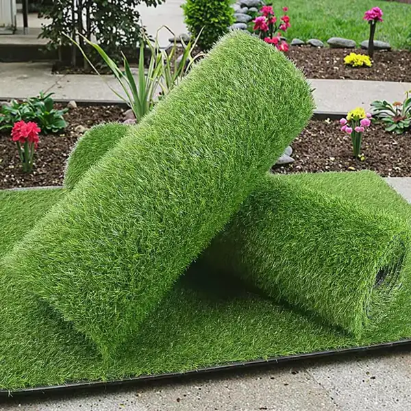 A rolled-up sheet of artificial turf showing