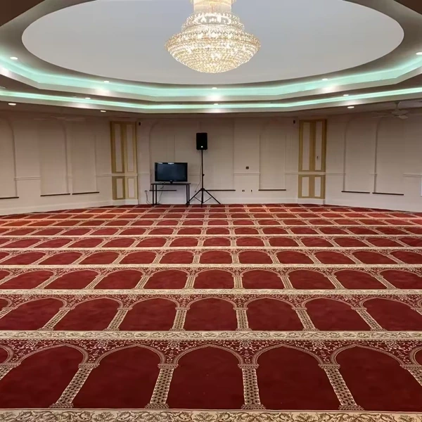 Red mosque carpet with parallel lines and central medallion.