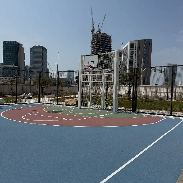 Basketball court with colorful EPDM rubber flooring.
