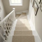 Beige woven stair runner on dark painted steps