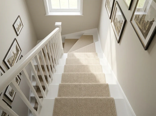 Beige woven stair runner on dark painted steps