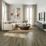 Bright modern lounge showcasing muted green bamboo flooring