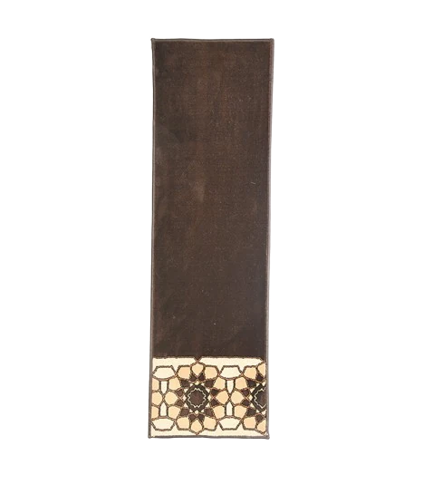 Brown mosque carpet with a geometric bottom border.
