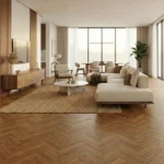Close-up texture of golden brown herringbone bamboo flooring.