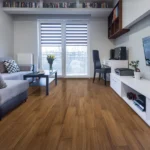 Cozy living room interior featuring warm brown bamboo flooring