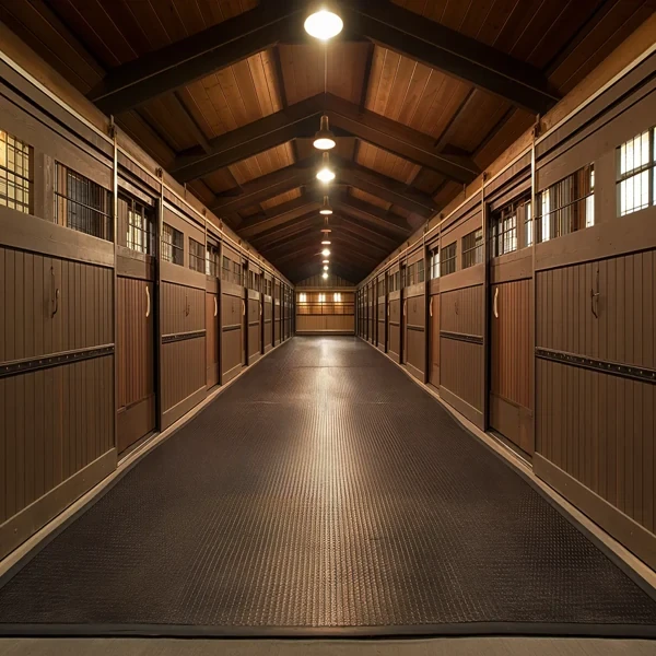 Long horse stable corridor featuring textured black rubber flooring