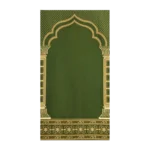 Green mosque carpet with an arch design and floral border.