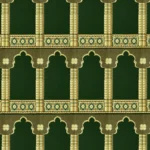Green mosque carpet with an arched design and geometric bottom border.