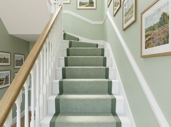 Green stair runner looking down white staircase