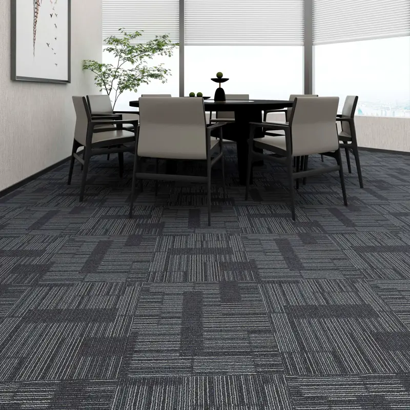 Grey and blue checkered carpet tiles under a table