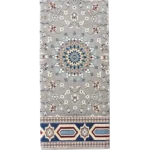 Grey floral mosque carpet with a geometric border.