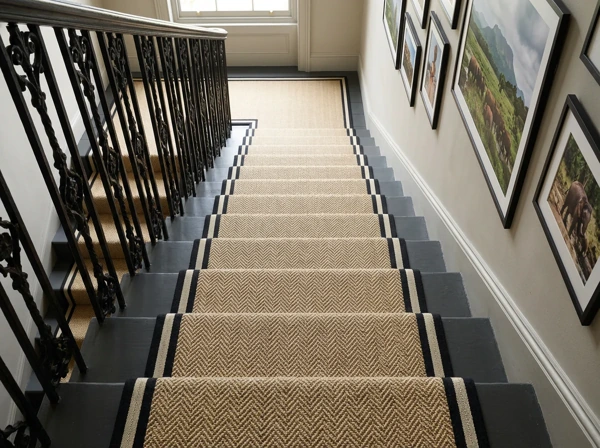 Herringbone stair runner on dark grey staircase