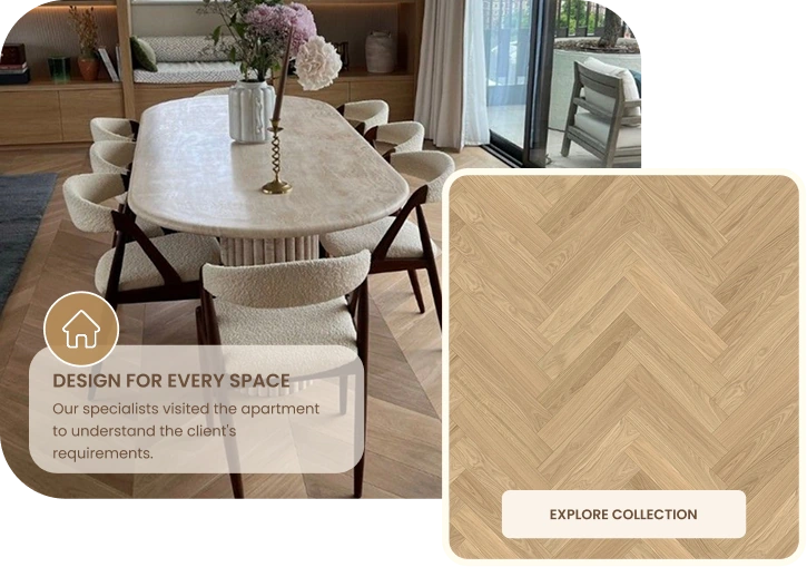 Herringbone wood flooring in a modern dining room.