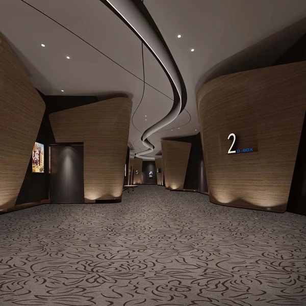 Patterned brown wall to wall hotel lobby carpet